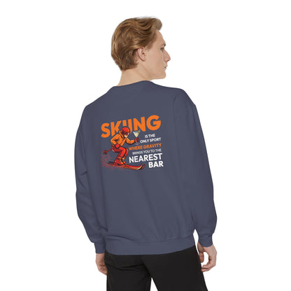 Gravity Skiing Crewneck Sweatshirt in Denim, male model, back