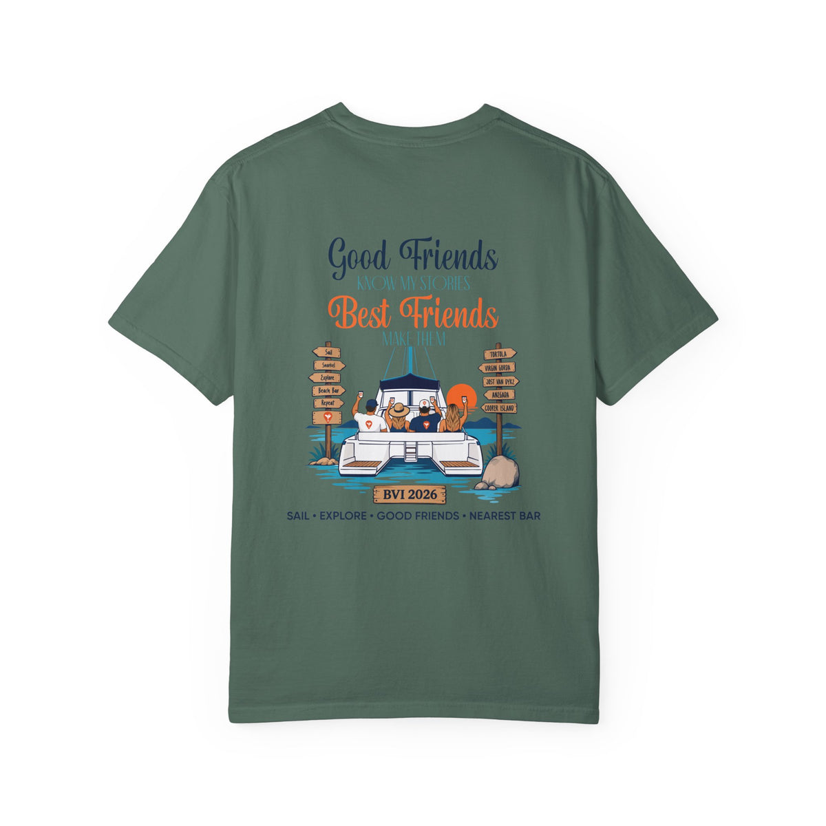 Good Friends BVI Sailing T-Shirt in Blue Spruce, back view with catamaran graphic