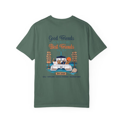 Good Friends BVI Sailing T-Shirt in Blue Spruce, back view with catamaran graphic
