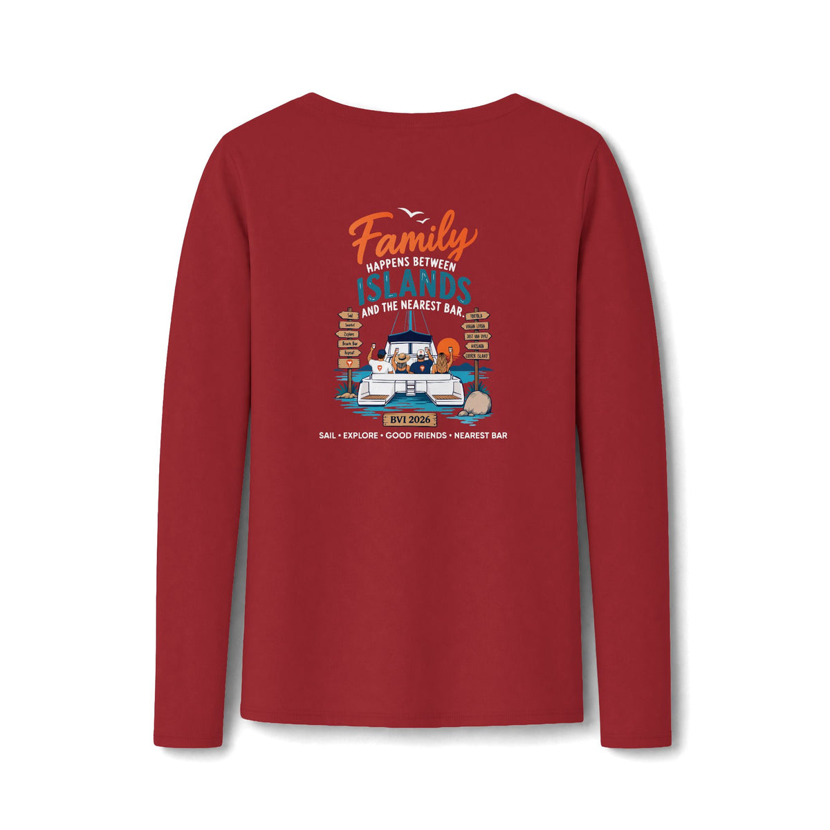 Family Happens Between Islands Women's Long Sleeve V-Neck Tee in Bright Red, back