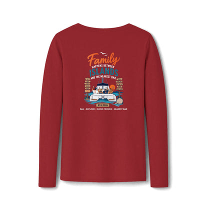Family Happens Between Islands Women's Long Sleeve V-Neck Tee in Bright Red, back