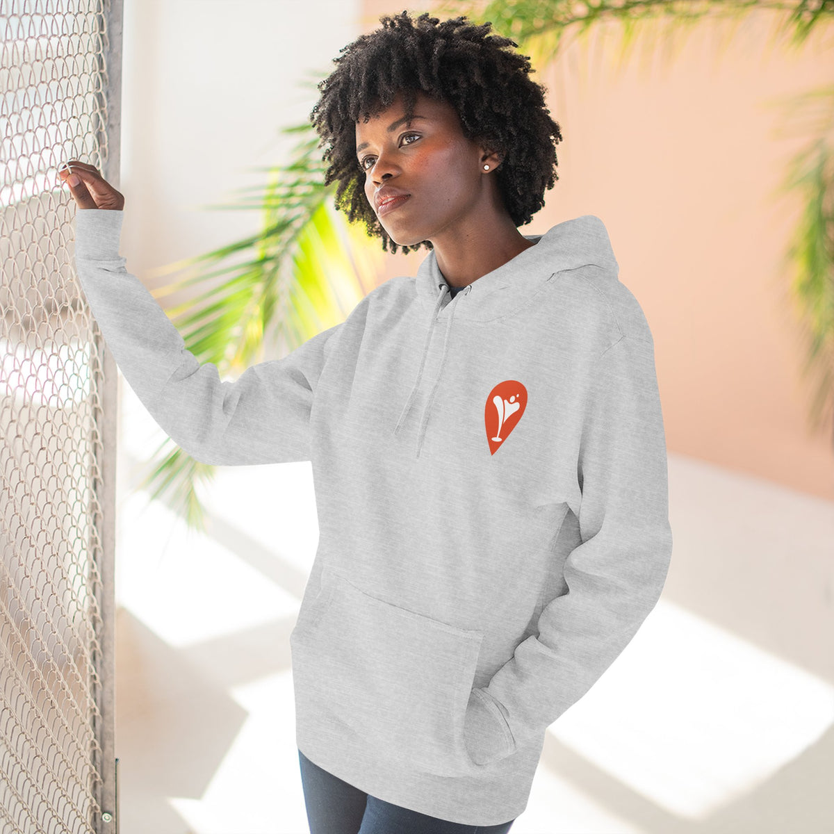 Wind & Sailing Fleece Hoodie in Heather Grey, female model, front