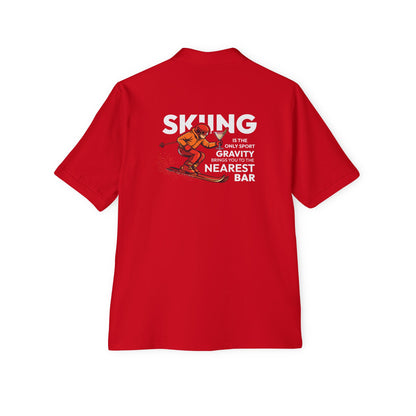 Skiing Nearest Bar Polo in True Red, back view with skiing graphic