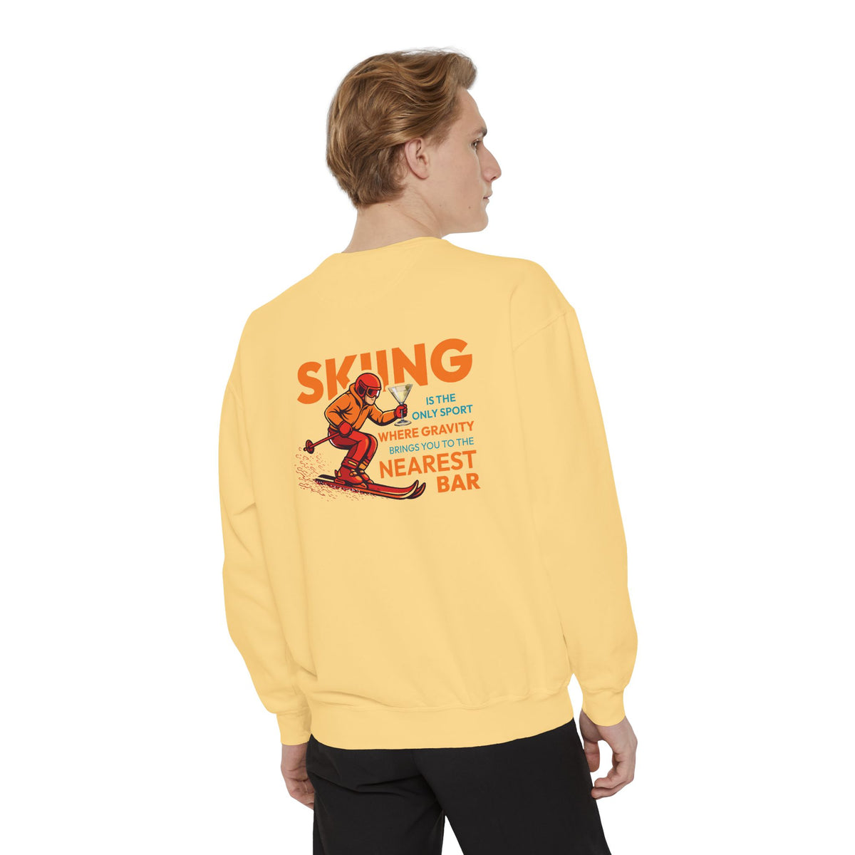 Gravity Skiing Crewneck Sweatshirt in Butter, male model, back