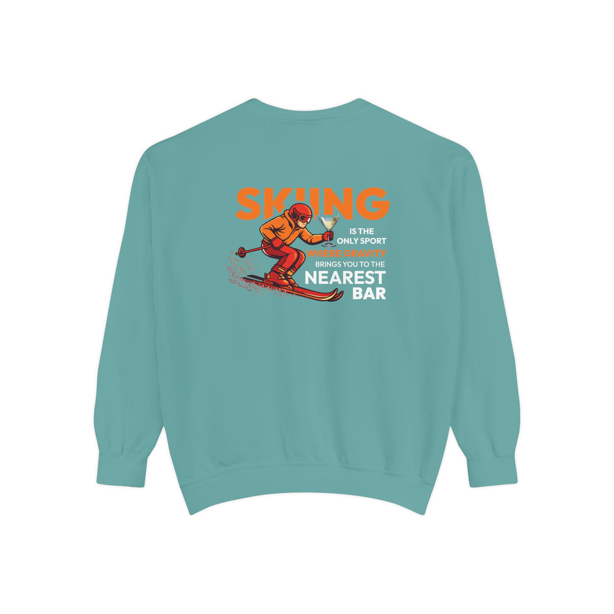 Gravity Skiing Crewneck Sweatshirt in Seafoam, flat back