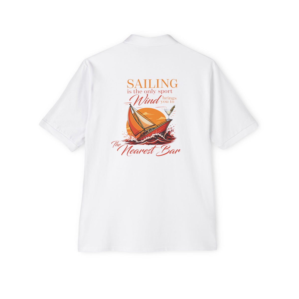 Sailing Nearest Bar Polo in White, back view with sailing graphic