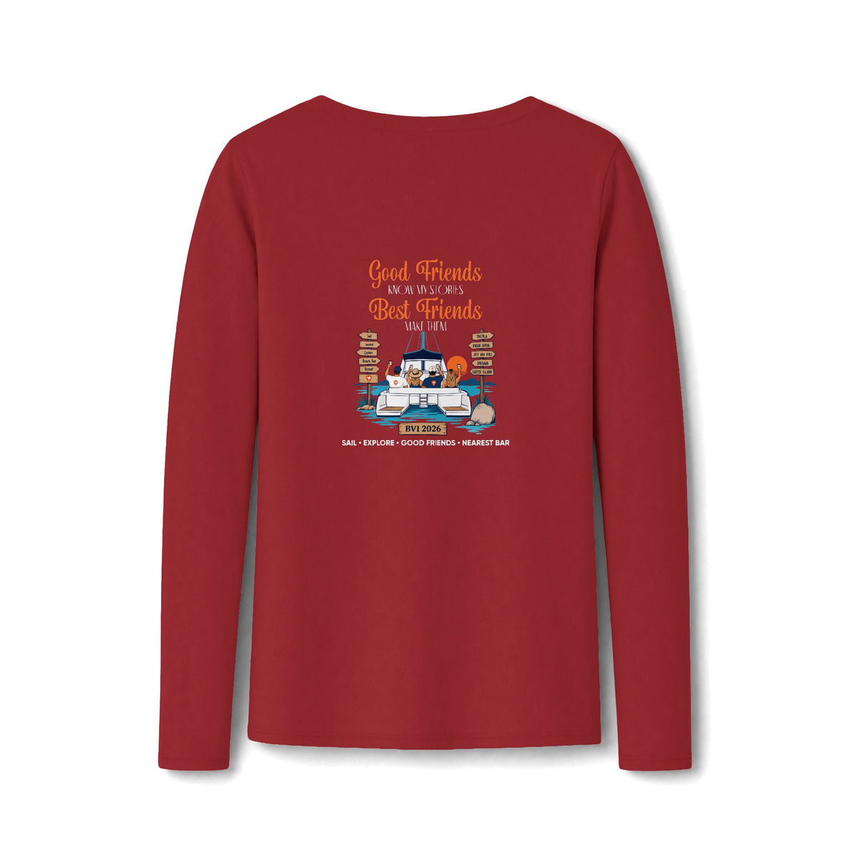 Good Friends, Best Friends Women's Long Sleeve V-Neck Tee in Bright Red, back