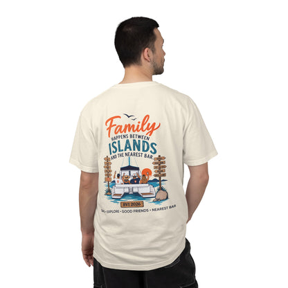 Man wearing Family Happens BVI Sailing T-Shirt in Ivory, back graphic