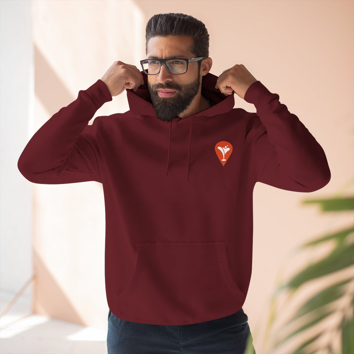Wind & Sailing Fleece Hoodie in Burgundy, male model, front