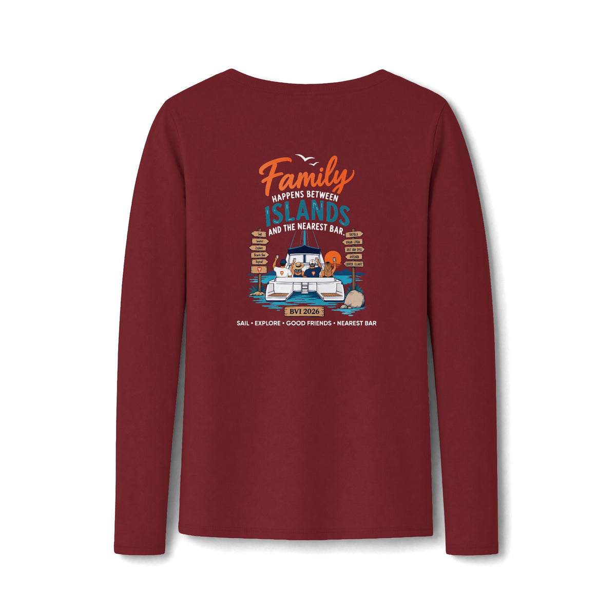 Family Happens Between Islands Women's Long Sleeve V-Neck Tee in Team Cardinal, back