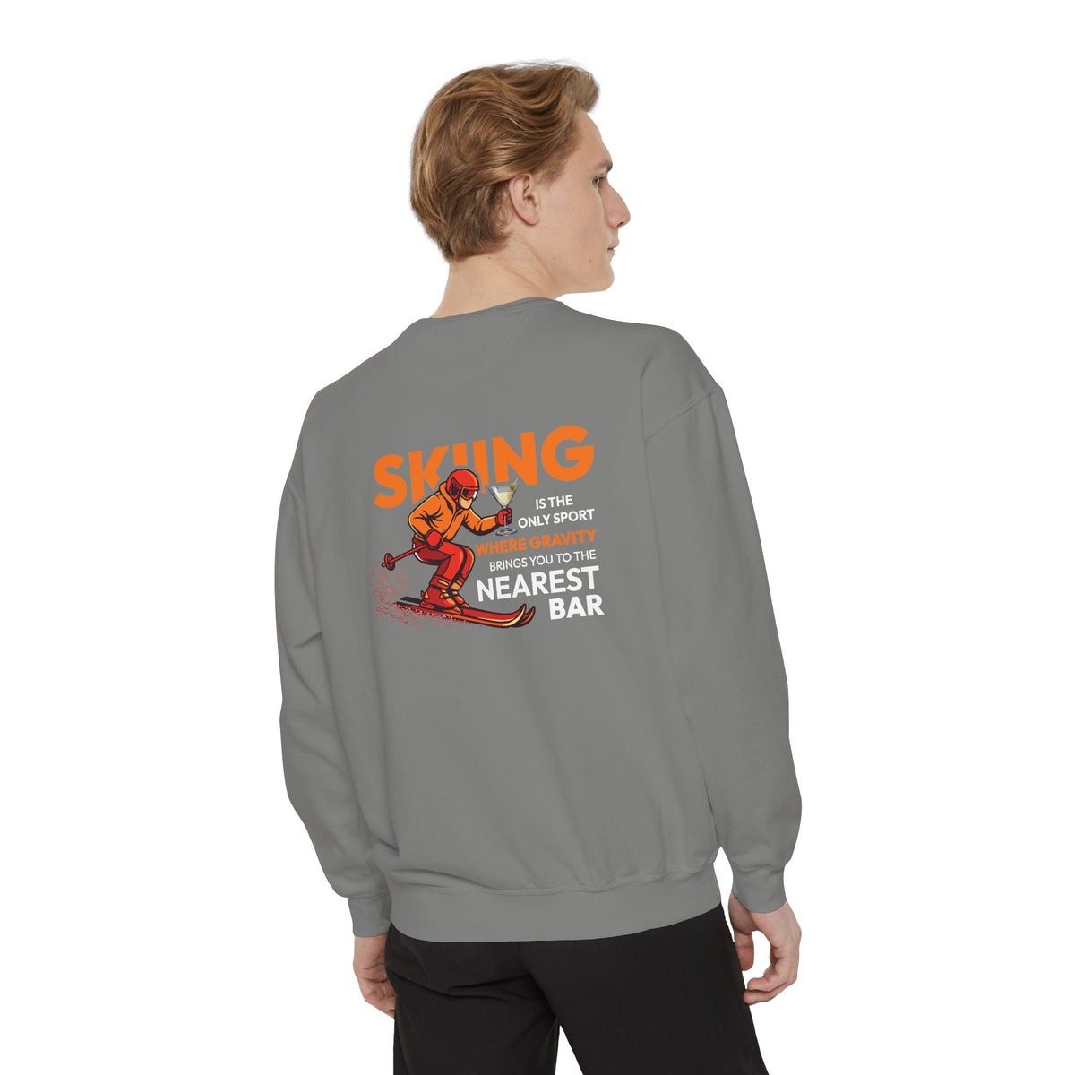 Gravity Skiing Crewneck Sweatshirt in Grey, male model, back
