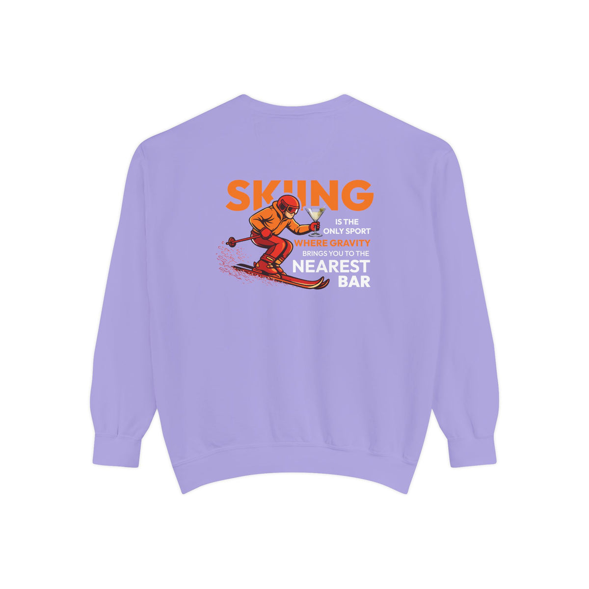 Gravity Skiing Crewneck Sweatshirt in Violet, flat back