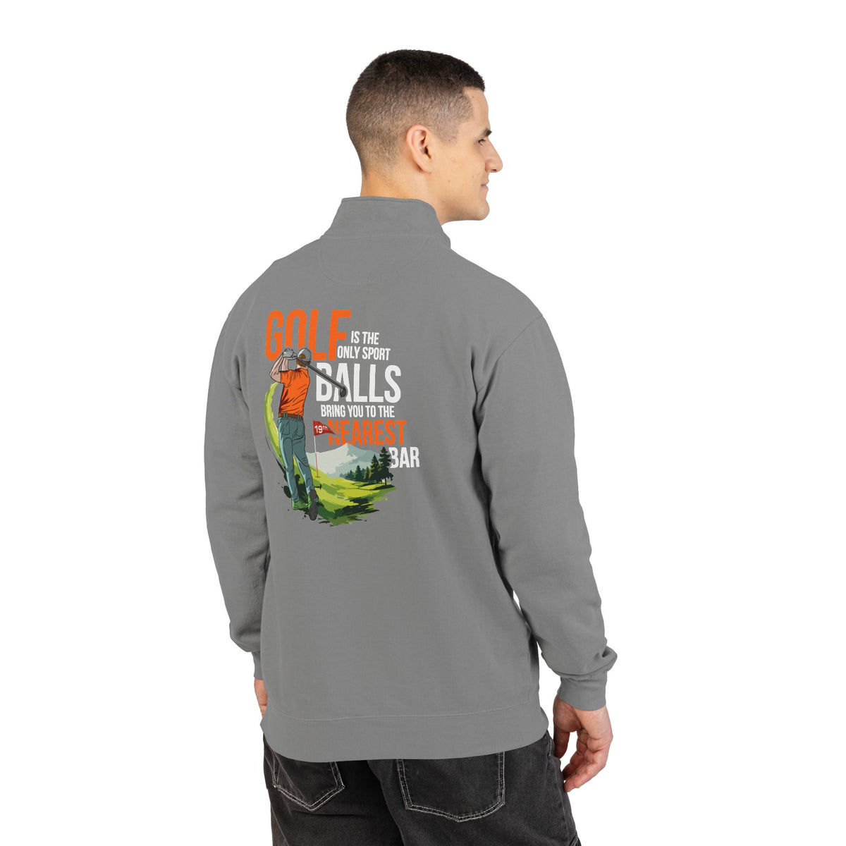 Man wearing Nearest Bar golf quarter-zip in Grey, back graphic