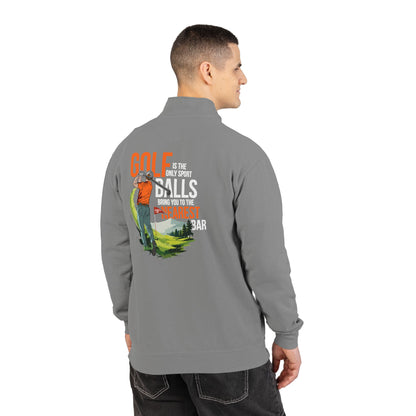 Man wearing Nearest Bar golf quarter-zip in Grey, back graphic