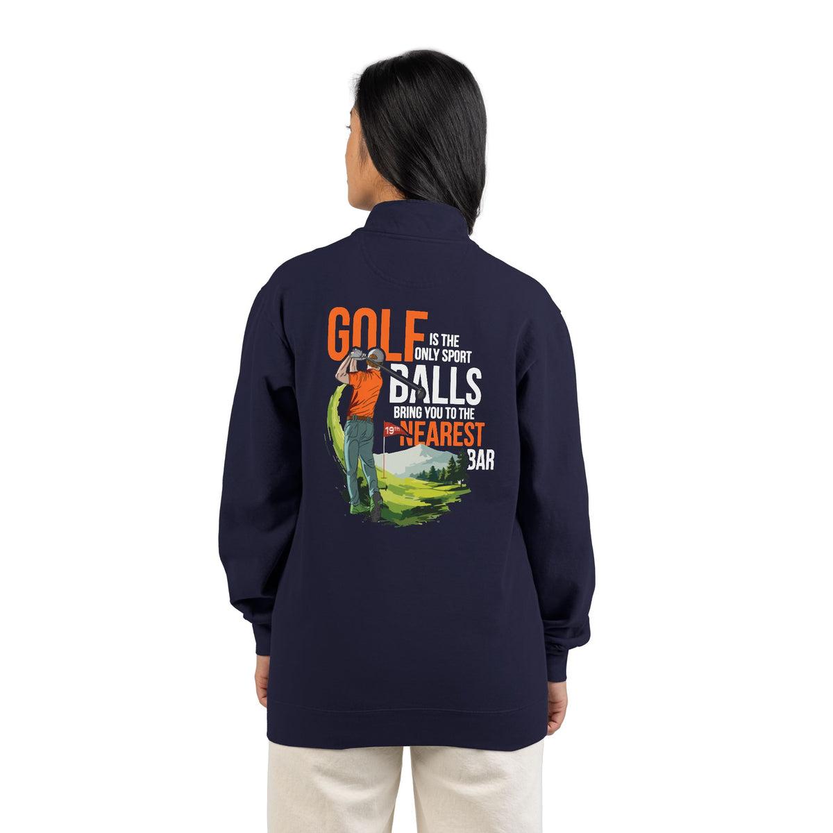 Woman wearing Nearest Bar golf quarter-zip in True Navy, back graphic