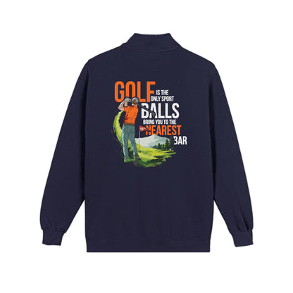 Golf Is the Only Sport quarter-zip in True Navy, back view with 19th hole golf graphic