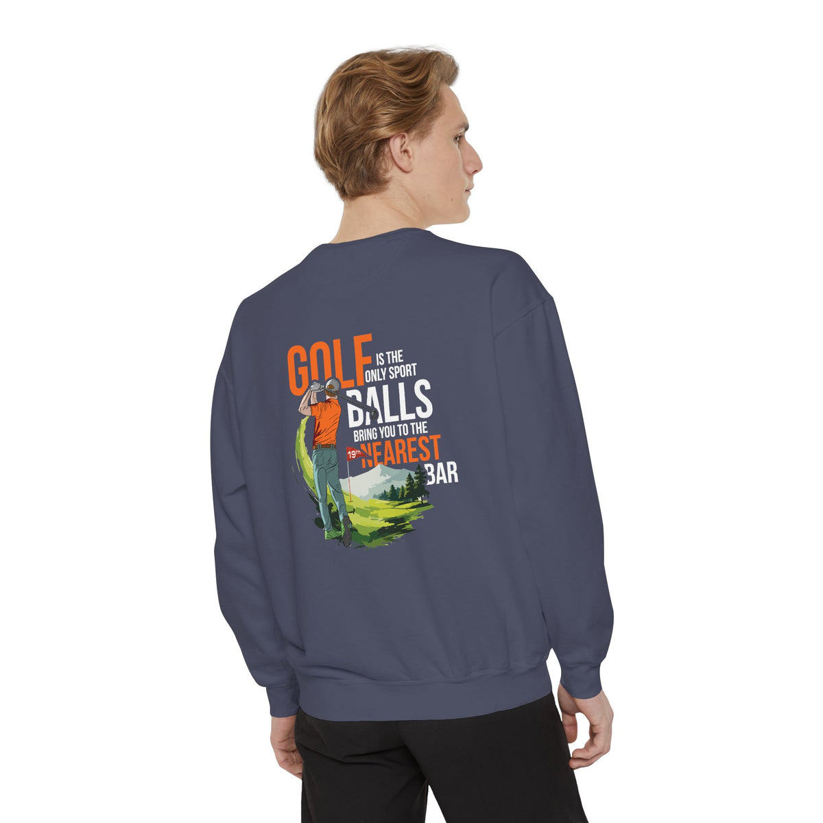 Golf Is the Only Sport Crewneck Sweatshirt in Denim, male model, back