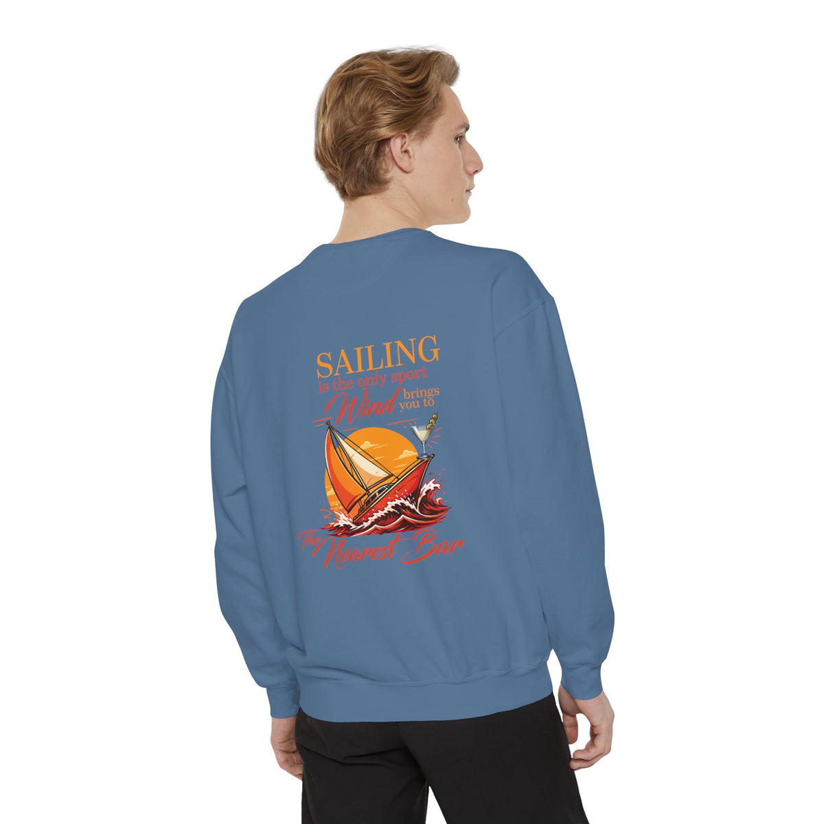 Wind & Sailing Crewneck Sweatshirt in Blue Jean, male model, back
