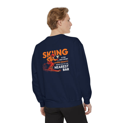 Gravity Skiing Crewneck Sweatshirt in True Navy, male model, back