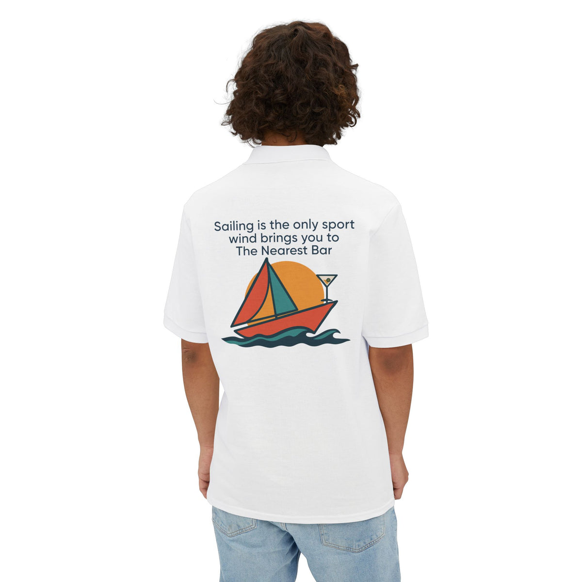 Model wearing Wind & Sailing Polo in White, back graphic