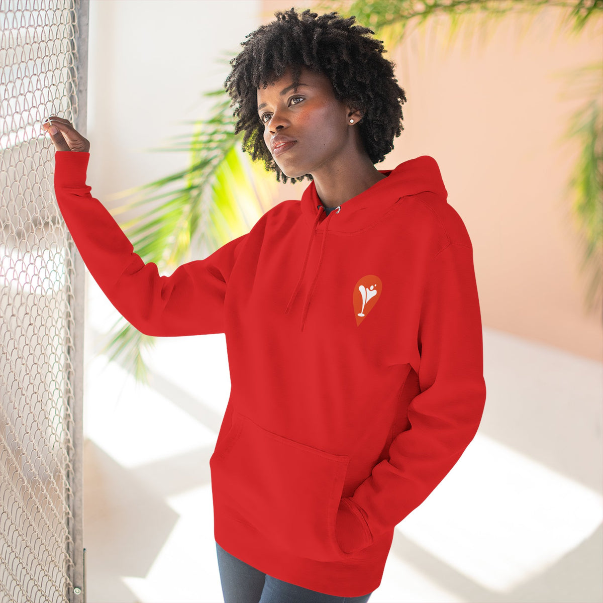 Wind & Sailing Fleece Hoodie in Red, female model, front