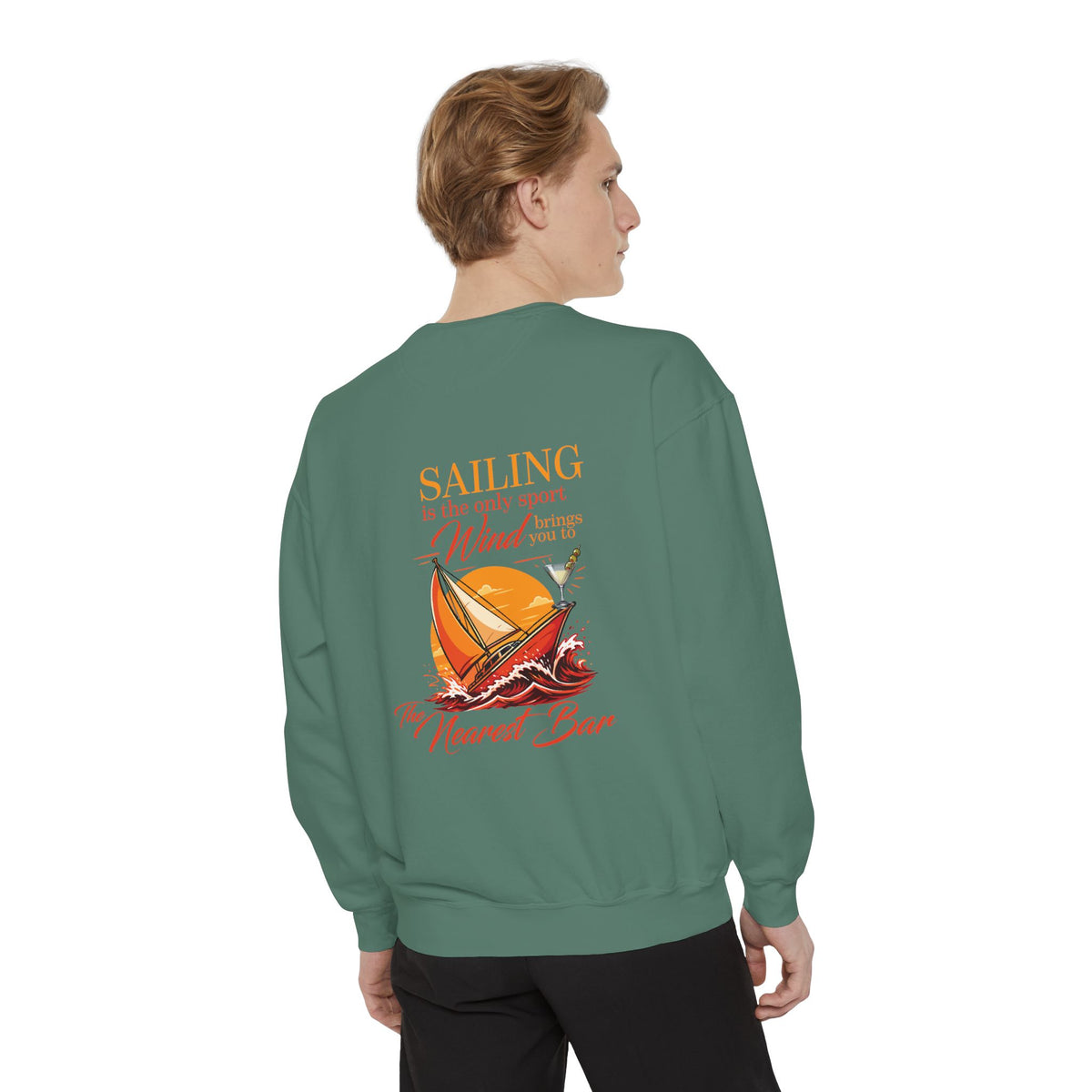 Wind & Sailing Crewneck Sweatshirt in Light Green, male model, back