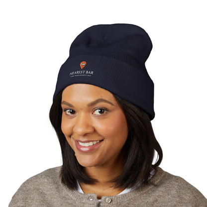Nearest Bar Knit Cap in Navy, female model