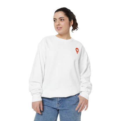Gravity Skiing Crewneck Sweatshirt in White, female model, front