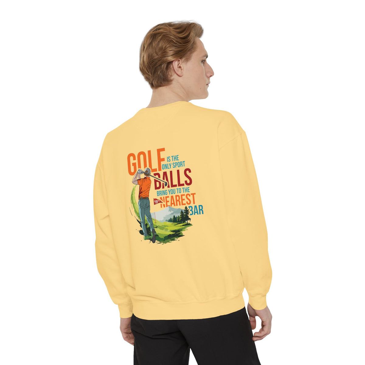 Golf Is the Only Sport Crewneck Sweatshirt in Butter, male model, back