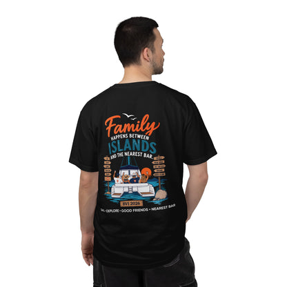 Man wearing Family Happens BVI Sailing T-Shirt in Black, back graphic