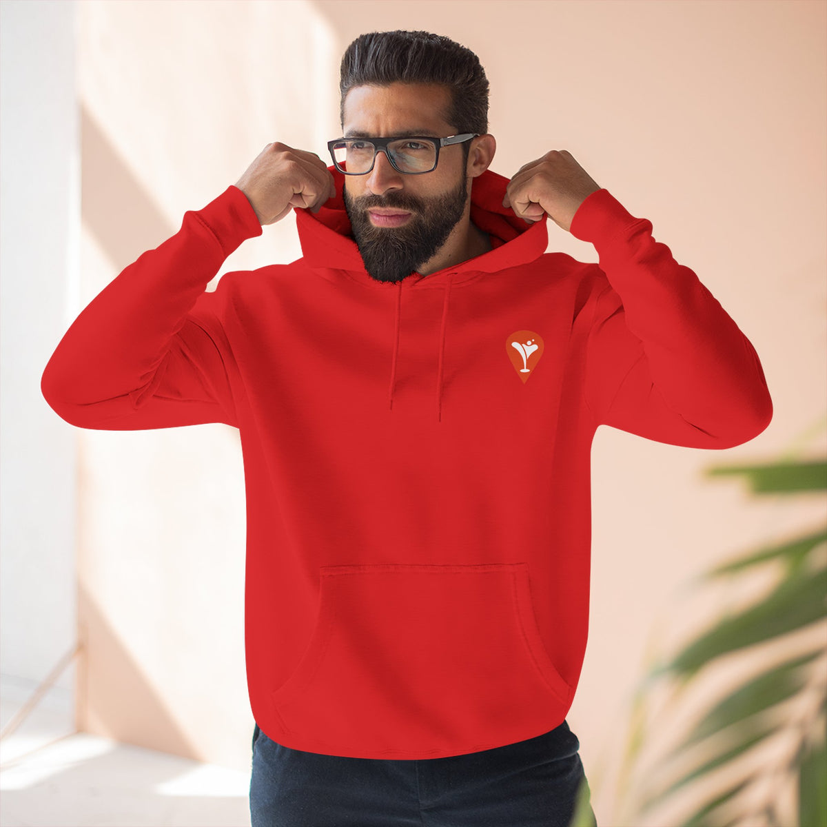 Don't Let the Old Man In Fleece Hoodie in Red, male model, front