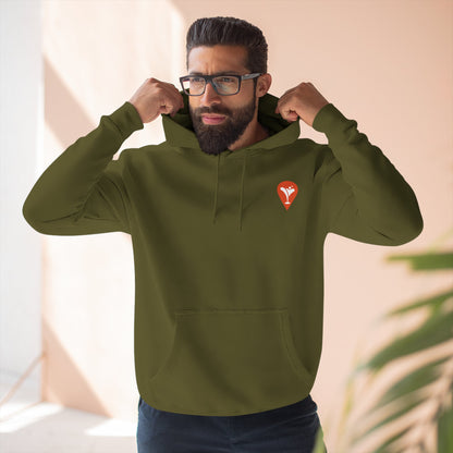 Gravity Skiing Fleece Hoodie in Army Green, male model, front