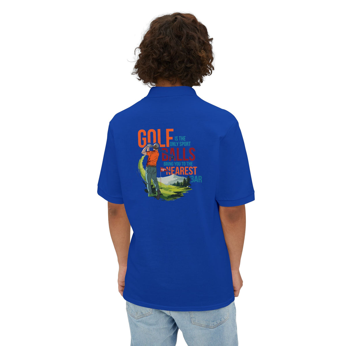 Man wearing Golf Polo Shirt in Royal, back graphic