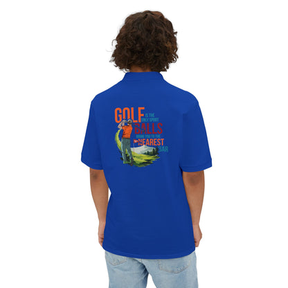 Man wearing Golf Polo Shirt in Royal, back graphic