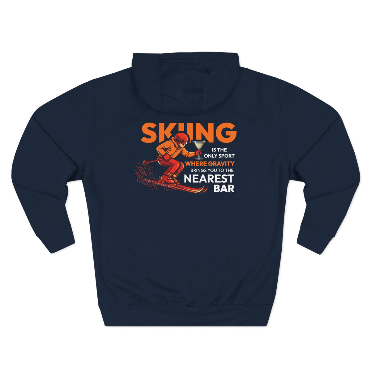 Gravity Skiing Fleece Hoodie in Navy, flat back
