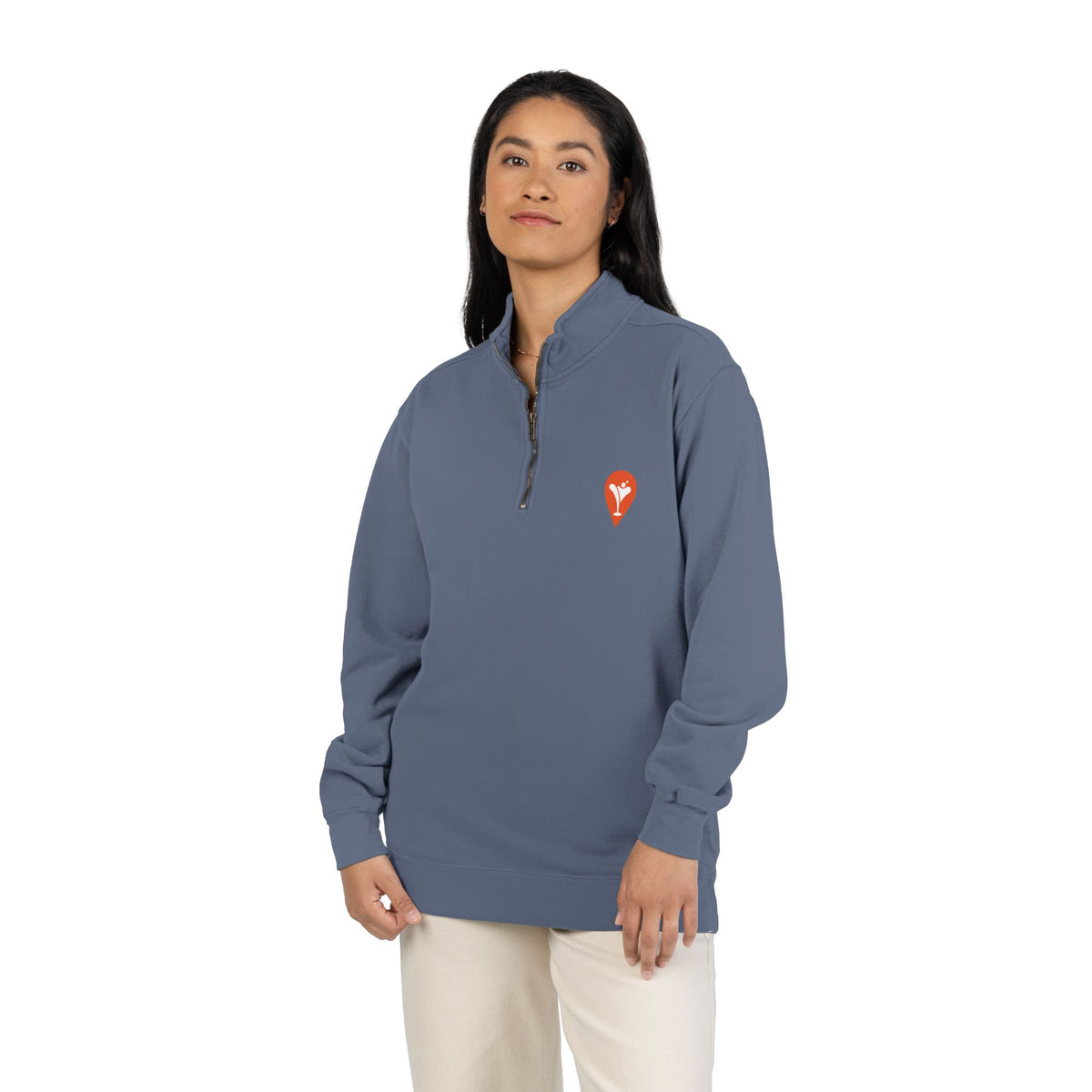 Wind & Sailing Quarter-Zip Sweatshirt in Blue Jean, female model, front