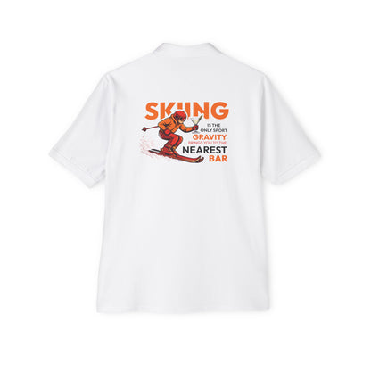 Skiing Nearest Bar Polo in White, back view with skiing graphic