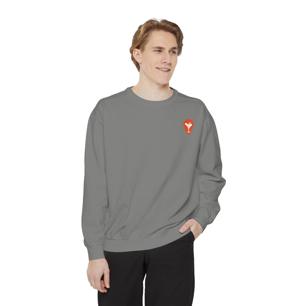 Gravity Skiing Crewneck Sweatshirt in Grey, male model, front