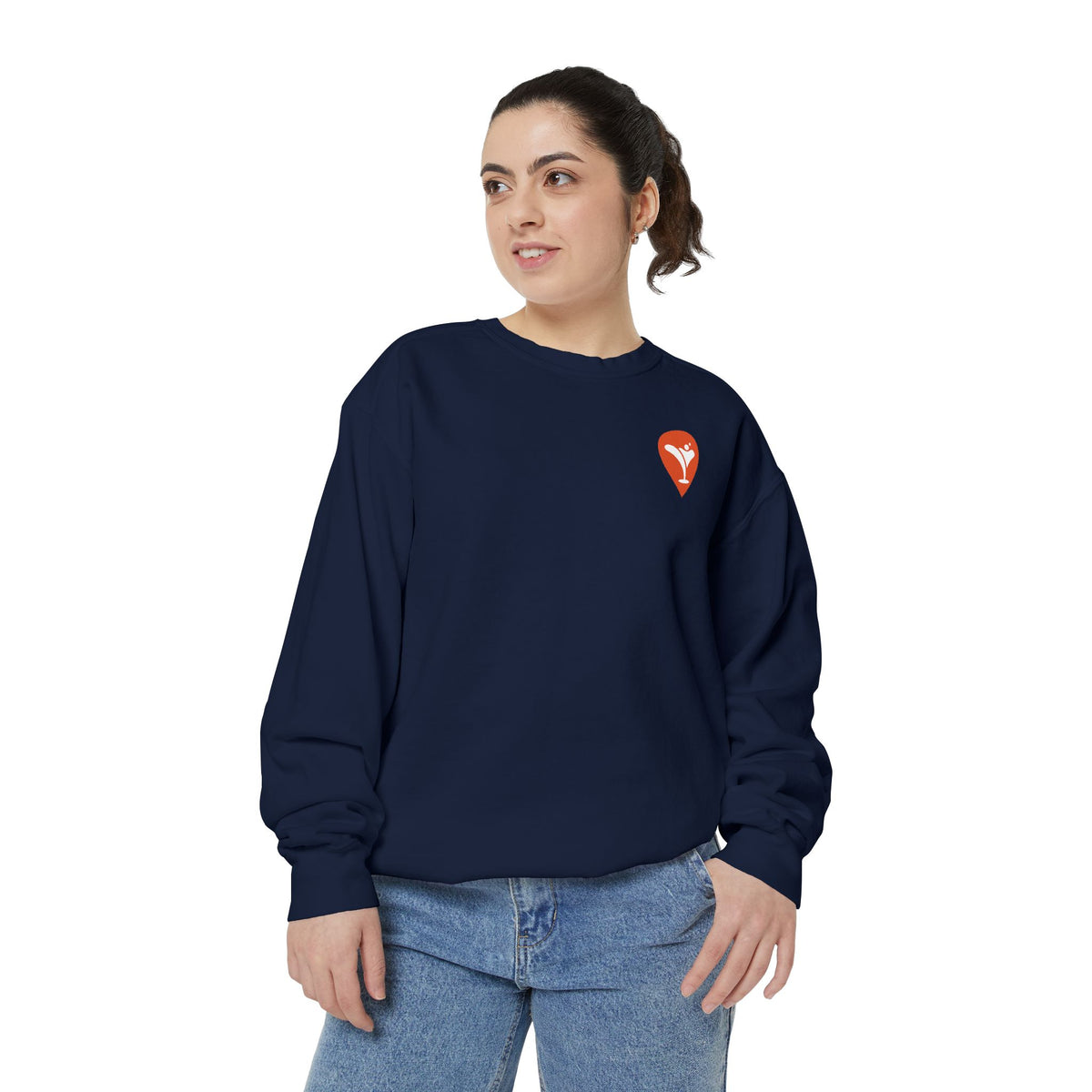 Wind & Sailing Crewneck Sweatshirt in True Navy, female model, front