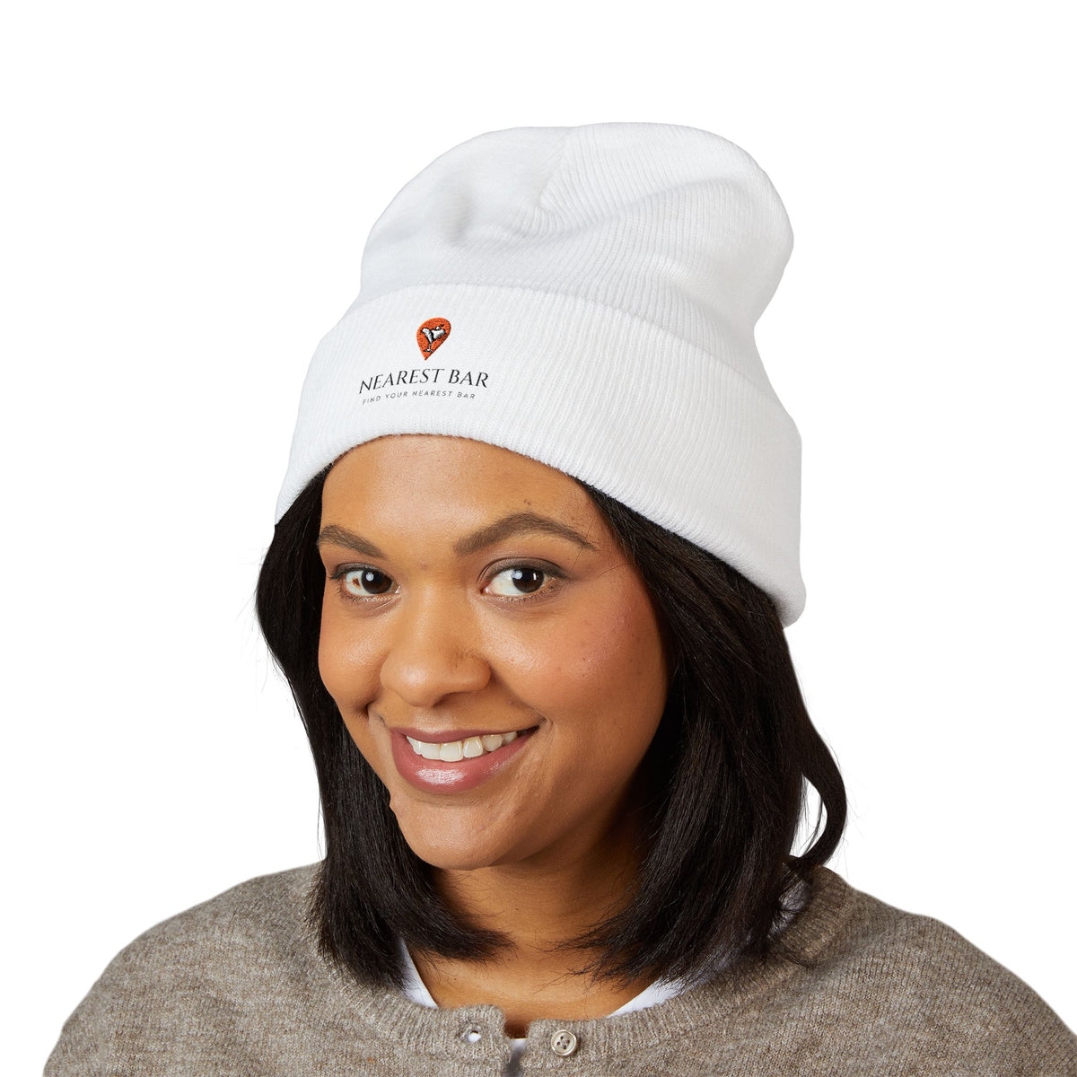 Nearest Bar Knit Cap (Light Colors) in White, female model