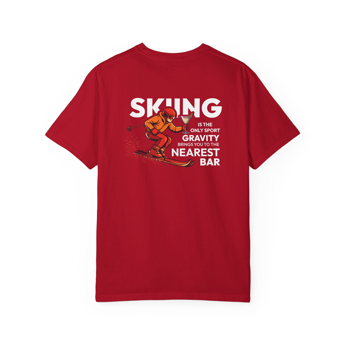 Skiing Nearest Bar Heavyweight T-Shirt in Red, back view with skiing graphic