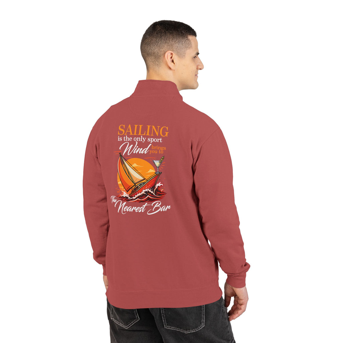 Wind & Sailing Quarter-Zip Sweatshirt in Crimson, male model, back