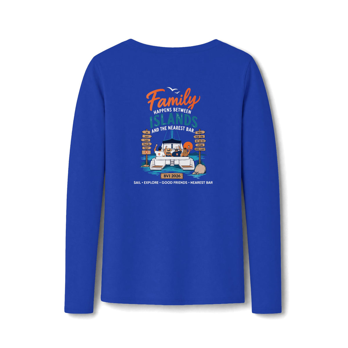 Family Happens Between Islands Women's Long Sleeve V-Neck Tee in True Royal, back