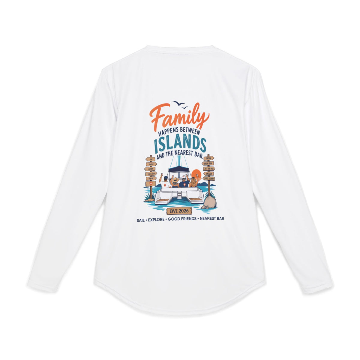 Family Happens BVI UV Long Sleeve Shirt, back view with catamaran graphic
