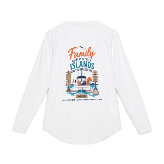 Family Happens BVI UV Long Sleeve Shirt, back view with catamaran graphic
