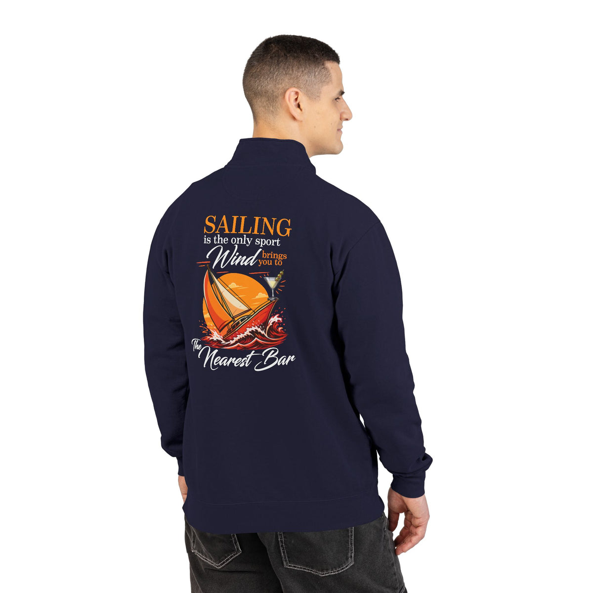 Wind & Sailing Quarter-Zip Sweatshirt in True Navy, male model, back