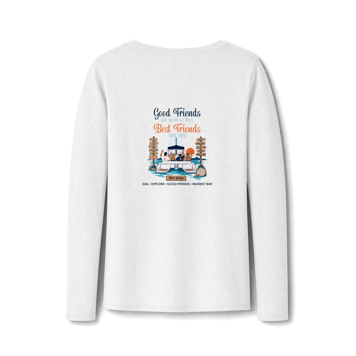 Good Friends, Best Friends Women's Long Sleeve V-Neck Tee in White, back