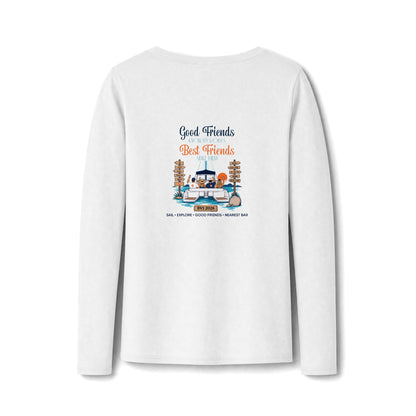 Good Friends, Best Friends Women's Long Sleeve V-Neck Tee in White, back