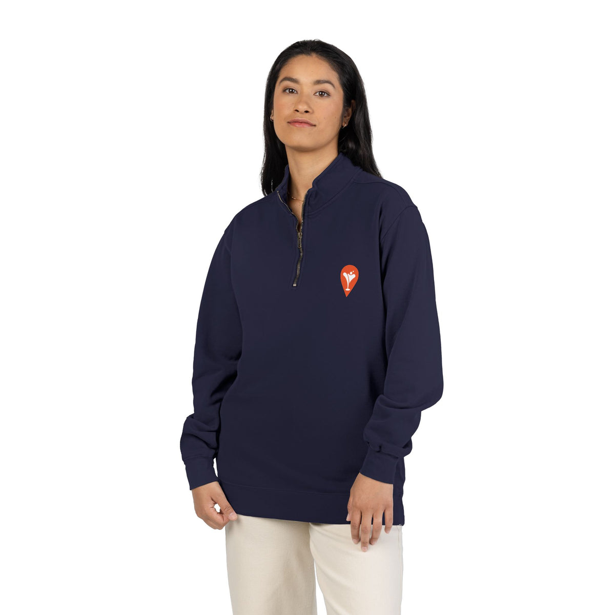 Wind & Sailing Quarter-Zip Sweatshirt in True Navy, female model, front