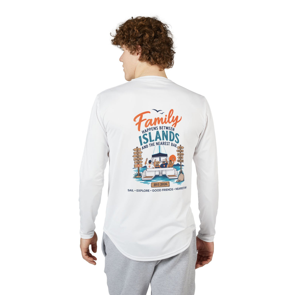 Model wearing Family Happens BVI UV Long Sleeve Shirt, back graphic
